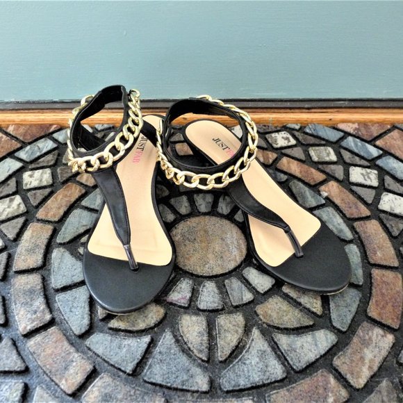 Black Wedge Sandals with Gold Ankle Chain - Picture 5 of 5